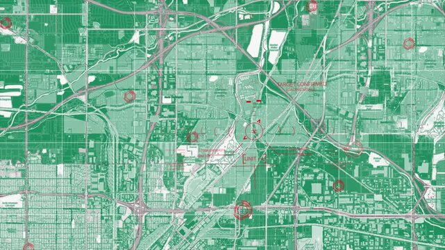 Green Digital Military Map HUD Interface with Radar Target Tracking Coordinates