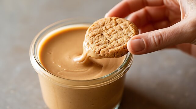 A hand dips a crunchy cookie into a glass jar of creamy peanut butter. Perfect for appetizing food blog or snack.
