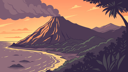 Volcanic island landscape with active smoking crater at sunset, mountain © Usa