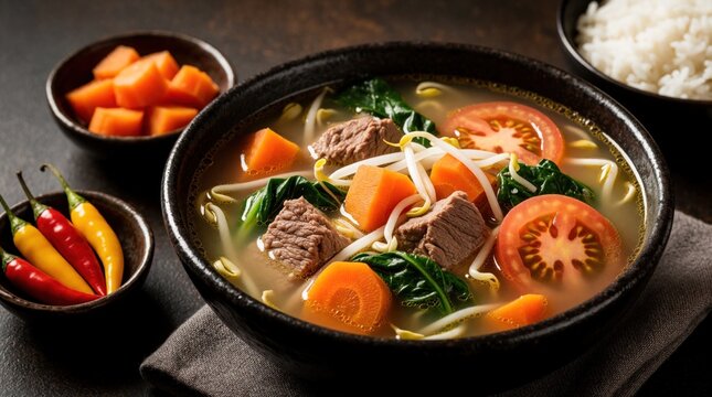 Bowl of traditional Filipino Sinigang soup with pork meat, vegetables, tomatoes, spinach. Hot sour broth served with steamed white rice, spicy chili peppers, carrots. Authentic Asian comfort food