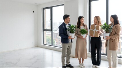 Fototapeta premium Four people in a bright, empty room holding plants and gifts near large windows.