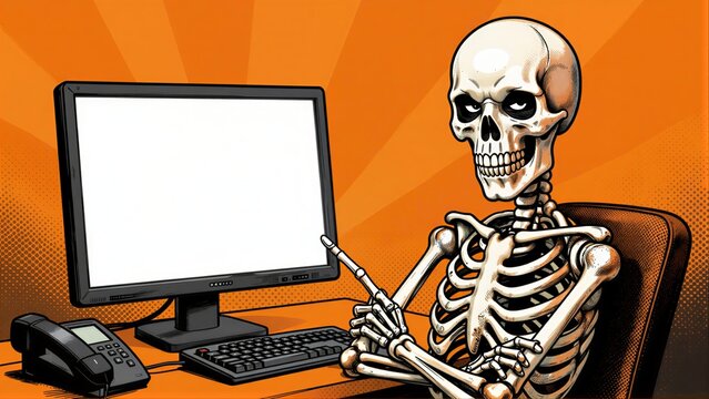 Skeleton sits at desk, pointing at computer screen against vibrant orange background.