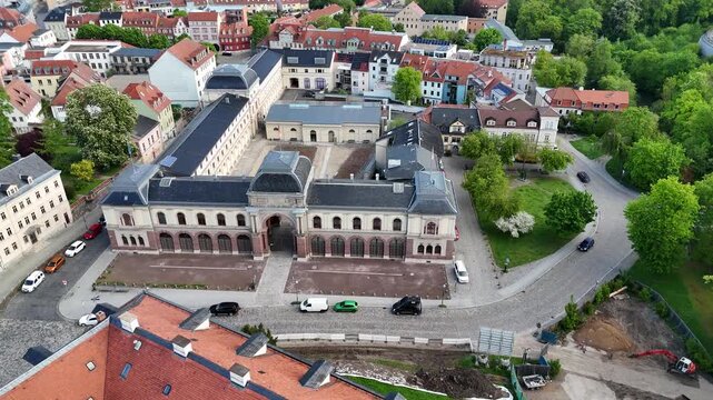 Drone study of monumental facade integrated with residential structures