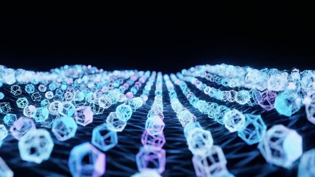 Floating glowing geometric cubes in black space.