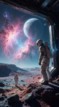 Astronaut looks at alien planet from spaceship doorway. Person in white space suit stands on rocky red surface under colorful nebula sky. Exploration mission of cosmos galaxy. Science fiction scene