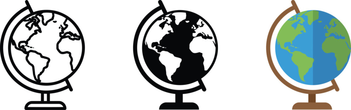 Set of three globe icons representing different design styles including outline solid black and flat colored map illustrations for geography and education