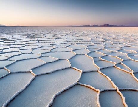 Dramatic landscape scenery: endless cracked salt flat stretching to a distant horizon
