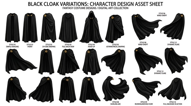 Black Cloak Variations Character Design Asset Sheet, Fantasy Costume Designs Digital Art Collection, Medieval Cape Illustration Set