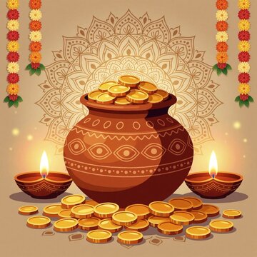 Golden coins overflow from traditional clay pot during Akshay Tritiya festival. Two lit oil lamps illuminate warm background with mandala pattern, flower garlands. Festive wealth, prosperity