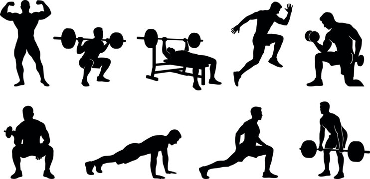 Weightlifting and Crossfit Exercise Silhouette Icon Set with Barbell Bench Press, Squats, Dumbbell Curls, Pushups, Deadlifts, and Bodybuilding Flexing Poses