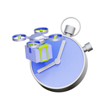 3d illustration of stopwatch with delivery drone for flash sale, express delivery, shipping deadline, tracking, and logistics.