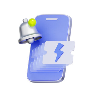 3d illustration of smartphone with notification bell for mobile shopping, flash sale alert, promotional message, and app notification.