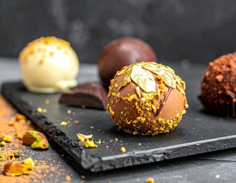 Luxury Belgian Chocolate Truffle with Gold Leaf and Pistachio on Black Slate Background Premium Gourmet Confectionery