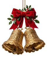 Obraz premium Ornate golden Christmas bells with red bow and holly