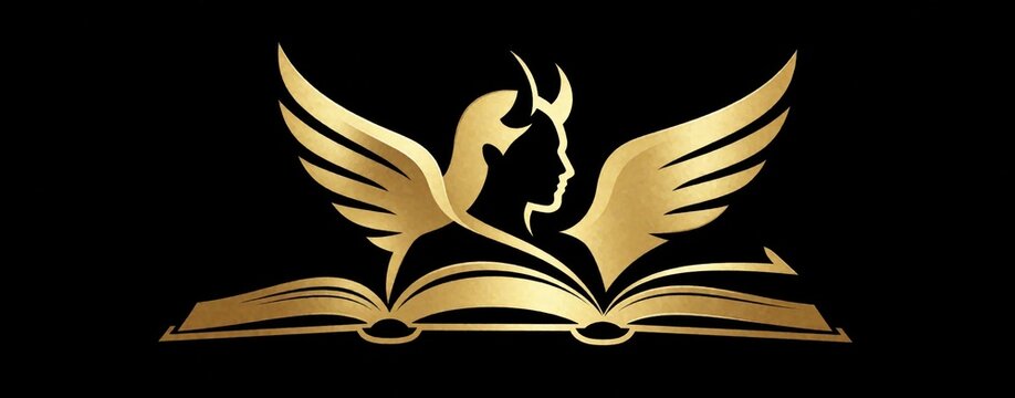 Gold silhouette of person with wings, horns rises from open book on black background. Illustration represents duality of good, evil fantasy literature concept. Graphic design symbol features elegant