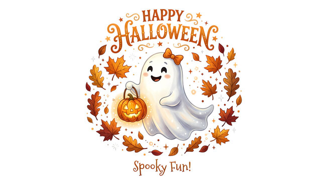 Happy halloween ghost wearing bow holding pumpkin, surrounded by autumn leaves, spooky fun.