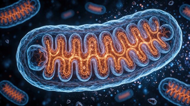 Cellular mitochondria cross-section shows damaged cristae structures. Energy depleted organelles illustrate cellular dysfunction, aging processes. Microscopic view highlights internal cell biology