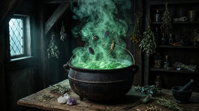 Witch Cauldron with Bubbling Green Potion and Floating Magical Ingredients in Rustic Apothecary