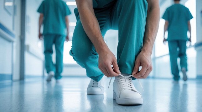 Healthcare worker wearing green scrubs bends down to tie white sneaker lace in bright hospital corridor. Medical staff member prepares for shift duty inside clinic facility. Pro doctor nurse fixes