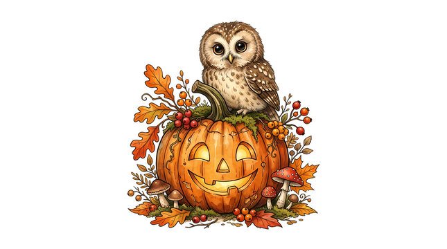 Happy owl on festive pumpkin surrounded by fall foliage, decorative Halloween art.