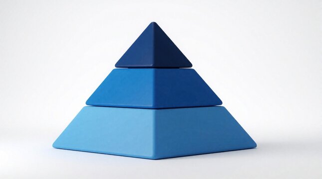 Three level blue pyramid shows business structure. Stacked geometric triangle shapes represent corporate hierarchy on white background. Layers illustrate management model, career growth stpic. Pro