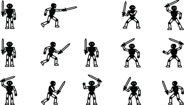 Set of black and white stick figure robot warrior poses with swords.