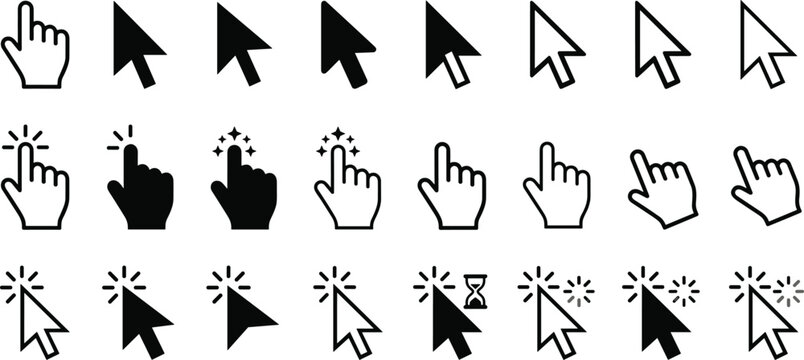 Computer mouse cursor arrow and hand pointer icons set isolated on white background vector illustration