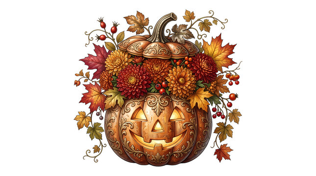 Ornate jack-o-lantern pumpkin centerpiece with chrysanthemums, autumn leaves, berries.