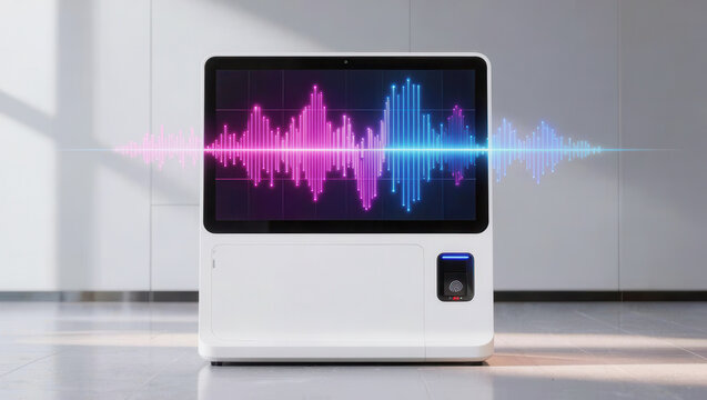 Digital waveform screen white machine futuristic device modern technology sound signal glowing wave laboratory equipment
