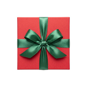 Top view of red gift box with green bow