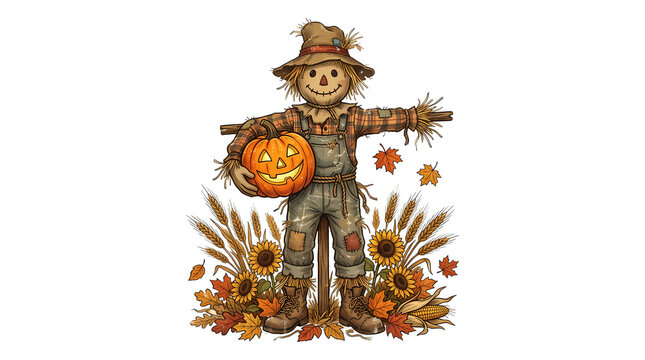 Scarecrow with pumpkin fall autumn harvest season outdoor decoration.