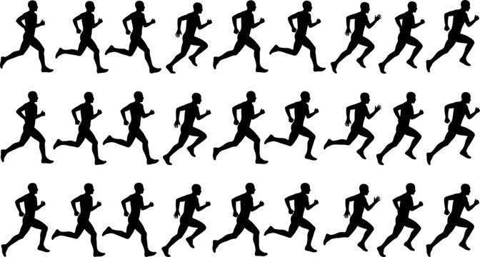 Set of running man black vector silhouettes showing a motion cycle sequence for animation and sports concepts
