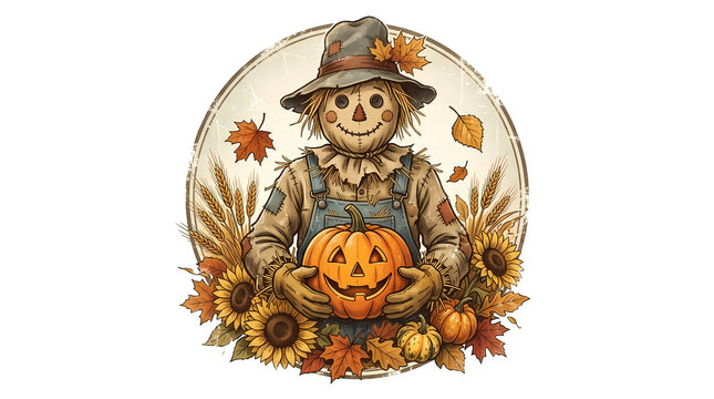 Scarecrow holding pumpkin happy harvest season fall autumn decoration.