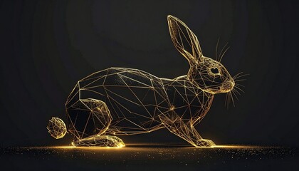 Golden wire rabbit tracks illustration. Glowing digital hare sculpture on dark background.