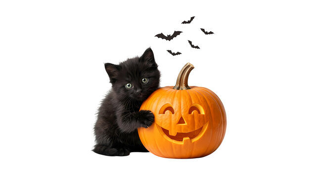 Small black kitten snuggles with happy jack o lantern and flying bats.