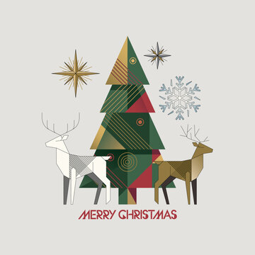 Merry Christmas greeting card square template with abstract elements geometric forms