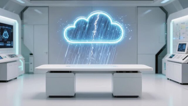 Cloud computing digital lightning storm data center futuristic lab room technology network storage platform interface hologram