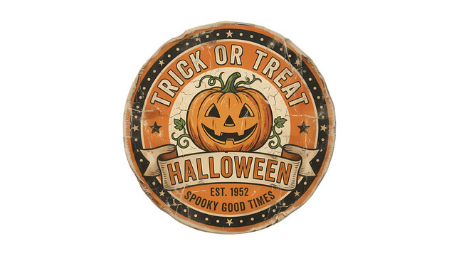 Trick or treat halloween circular emblem with pumpkin and text est 1952.