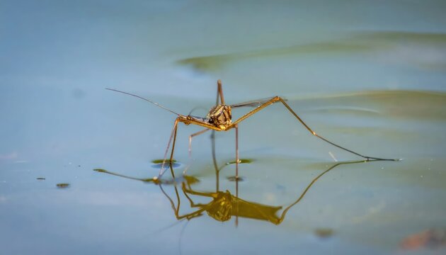 Side view of water strider insect on pond.