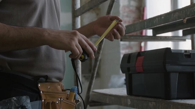 Man with toolbox. Measuring tape. Construction worker. Man worker holding construction helmet and toolbox near wall. Male hand and construction tools.