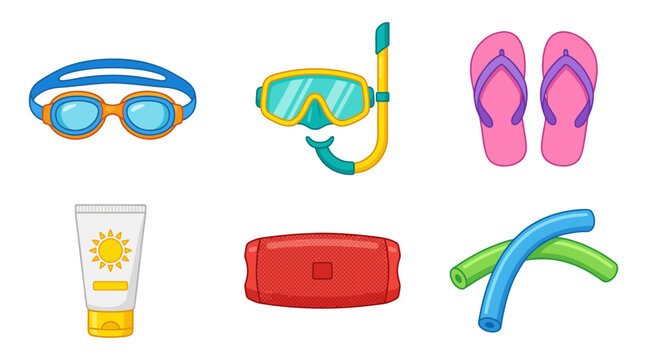 Set of colorful summer swimming accessories featuring snorkel gear and sunscreen for tropical vacation branding and beach lifestyle website design