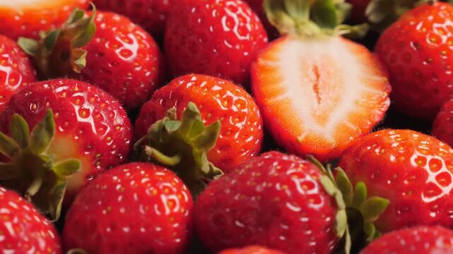 close up fresh strawberries. Close up shot of fresh ripe red strawberries glistening with dew and natural light. Strawberries macro texture. Red strawberries with glossy fruit. Strawberries. 