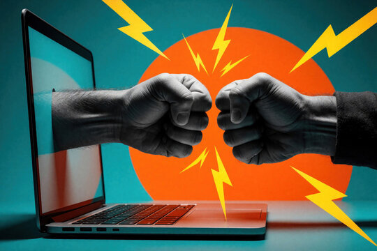 Two human fists emerge from computer screen monitor to clash in digital space. Concept of online conflict cyber bullying argument aggression. Graphic illustration shows virtual fighting tension