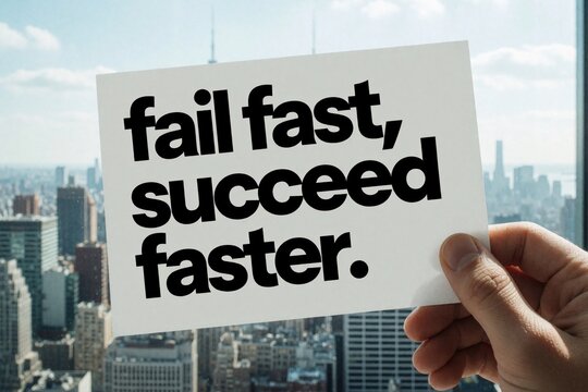 Hand holds sign with text fail fast succeed faster against city skyline. Business motto on paper inspires growth and learning from mistakes.