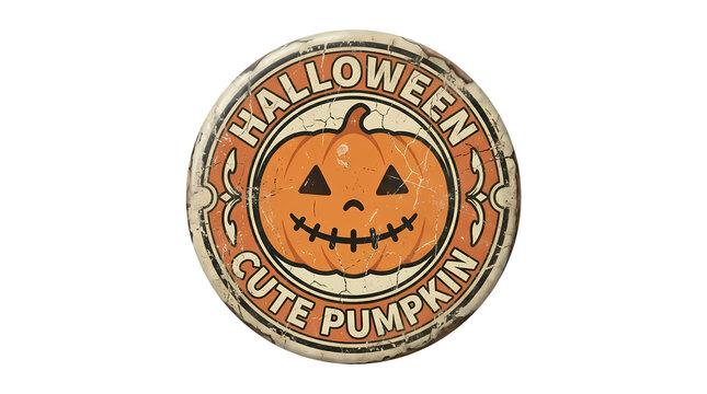 Vintage Halloween sign with cute smiling pumpkin face, text happy Halloween cute pumpkin.