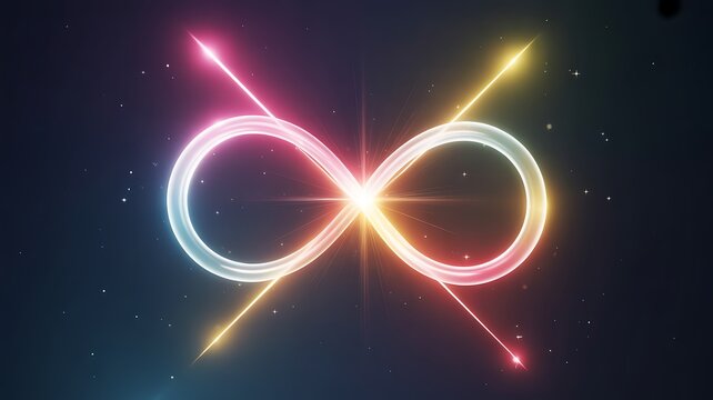 Bright glowing infinity symbol with intersecting light rays against a dark starry cosmic background