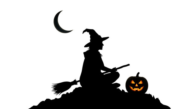 Witch on broomstick flying with pumpkin and crescent moon on black background.