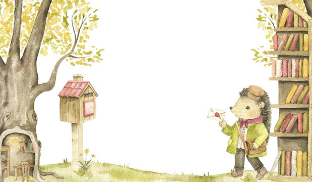 Hedgehog postman beside a woodland bookshelf and mailbox. Watercolor hand painted frame for nursery decor, story illustrations and greeting card projects.