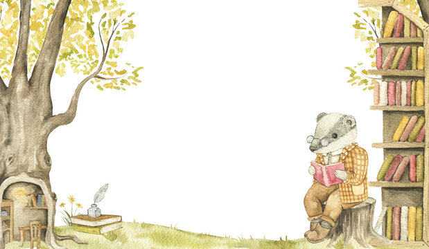 Reading badger beside a woodland bookshelf. Watercolor hand painted frame for nursery decor, story illustrations and reading themed projects.