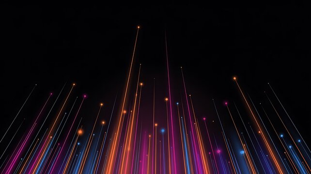 Bright glowing lines and dots ascend vertically on a dark digital background